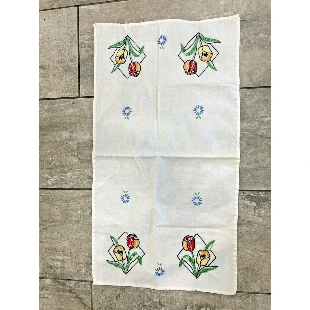 Vintage Cross Stitch Napkin Set Tulip‎ Flowers Country Cottage Kitchen Farmhouse